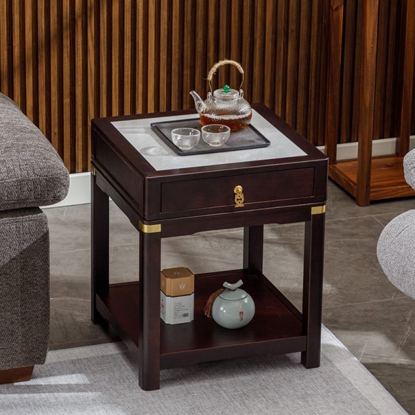 Traditional Vintage Square Tabletop Solid Wood Rock Slab Side Table 1-Shelf For Living Room - Image 3