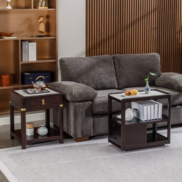 Traditional Vintage Square Tabletop Solid Wood Rock Slab Side Table 1-Shelf For Living Room - Image 2
