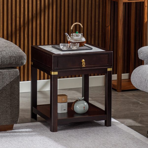 Traditional Vintage Square Tabletop Solid Wood Rock Slab Side Table 1-Shelf For Living Room - Image 12