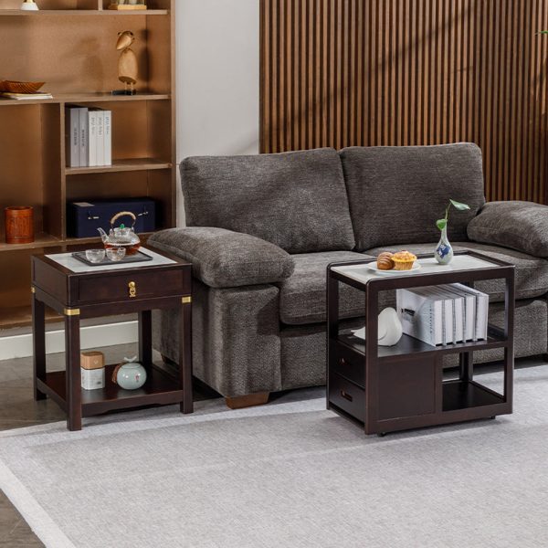 Traditional Vintage Square Tabletop Solid Wood Rock Slab Side Table 1-Shelf For Living Room - Image 13