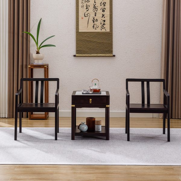 Traditional Vintage Square Tabletop Solid Wood Rock Slab Side Table 1-Shelf For Living Room - Image 14
