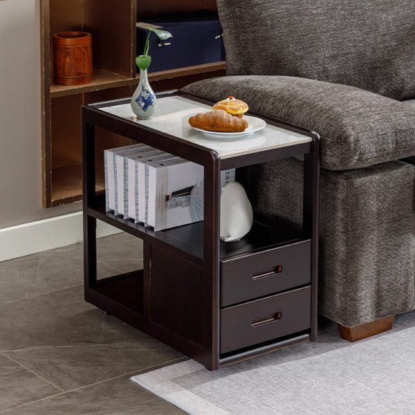 Traditional Vintage Square Tabletop Solid Wood Rock Slab Side Table 1-Shelf For Living Room - Image 17