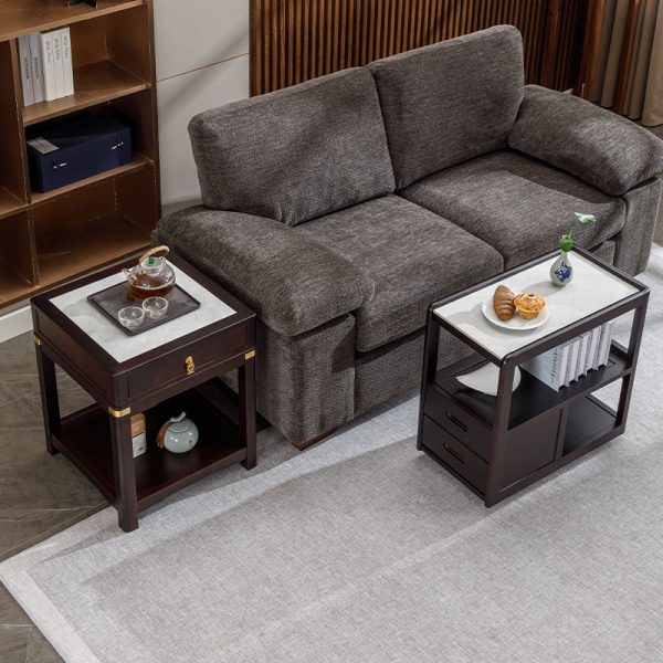 Traditional Vintage Square Tabletop Solid Wood Rock Slab Side Table 1-Shelf For Living Room - Image 18