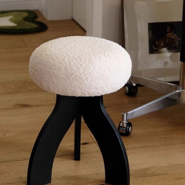 Contemporary Creative Round Lambswool Solid Wood Vanity Stool 3-Leg For Bedroom - Image 6