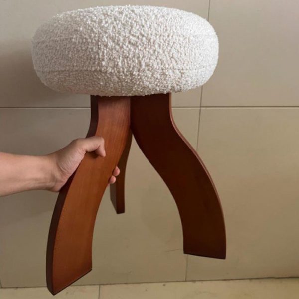 Contemporary Creative Round Lambswool Solid Wood Vanity Stool 3-Leg For Bedroom - Image 2