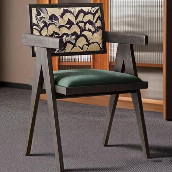 Traditional Vintage Square Solid Leather Dining Chair Backrest Armrest For Living Room - Image 3