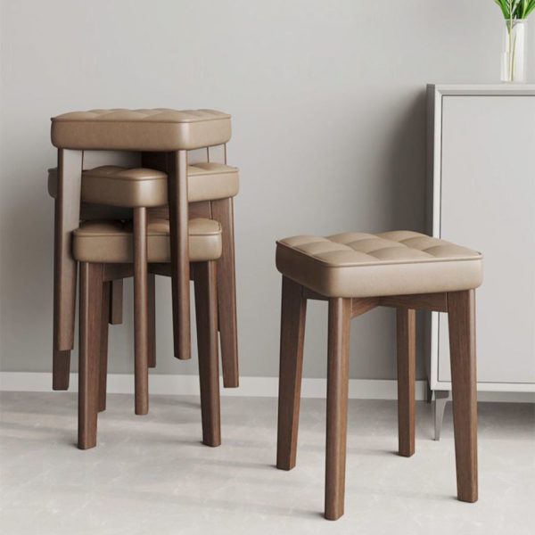 Modern Minimalist Square Solid Wood Leathaire Vanity Stool 4-Leg For Bedroom - Image 3