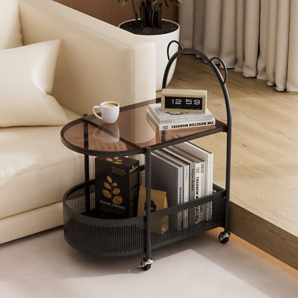 Modern Eclectic Oval Glass Carbon Steel Side Table 1-Shelf For Living Room - Image 3