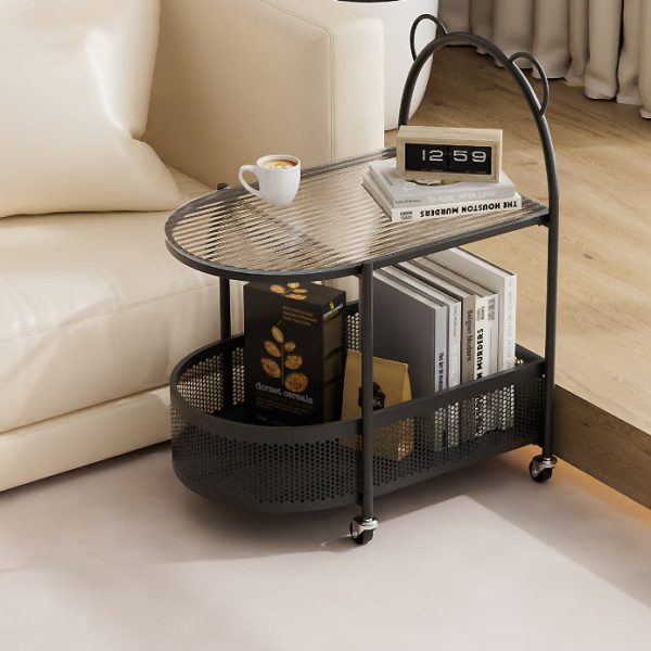 Modern Eclectic Oval Glass Carbon Steel Side Table 1-Shelf For Living Room - Image 2