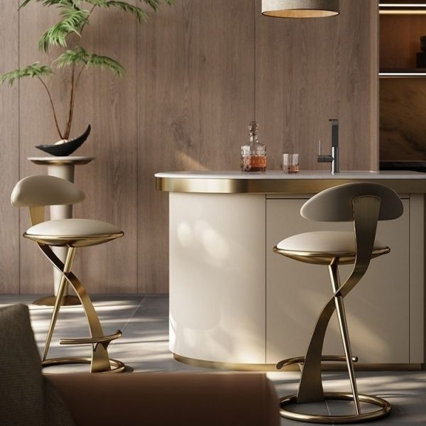Contemporary Nordic Round Leather Stainless Steel Bar Stool Backrest For Dining Room - Image 3
