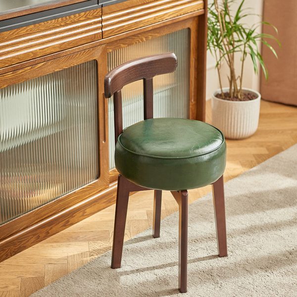 Traditional Chinese Round Leather Rubberwood Vanity Stool Backrest For Dining Room - Image 2