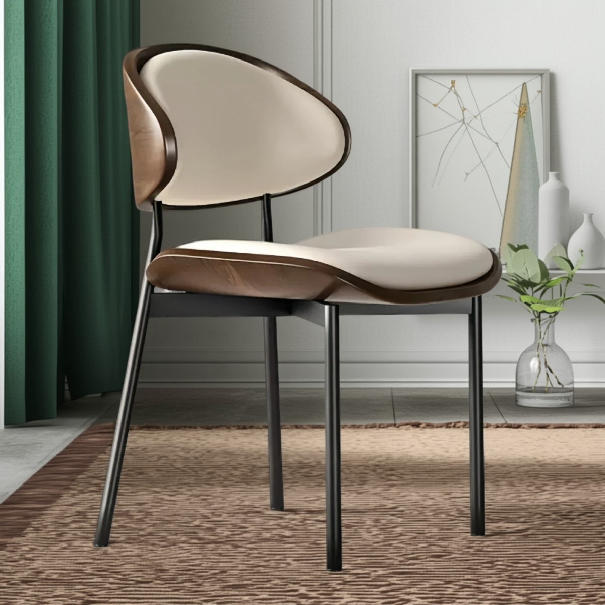 Modern Minimalist Arcuate Iron Wood Leather Sponge Dining Chair Backrest Armless for Dining Room - Image 12