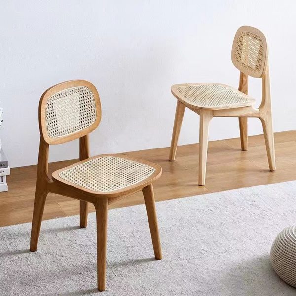 Modern Minimalist Rectangular Wood Rattan Weaving Dining Chair Backrest Armless For Dining Room - Image 4