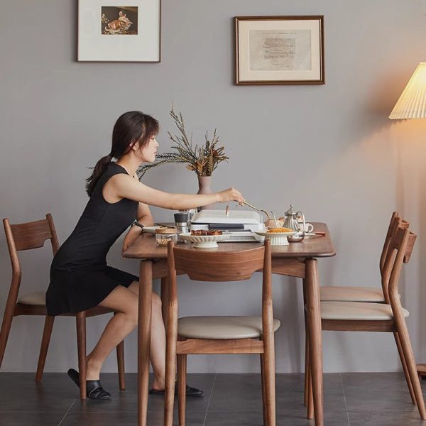 Modern Minimalist Square Bent Upholstered Cushion Walnut Wood Dining Chair Backrest Armless For Dining Room - Image 12