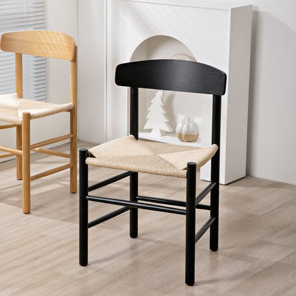 Traditional Japanese Bent Square Braided Solid Wood Dining Chair Backrest Armless For Dining Room - Image 3