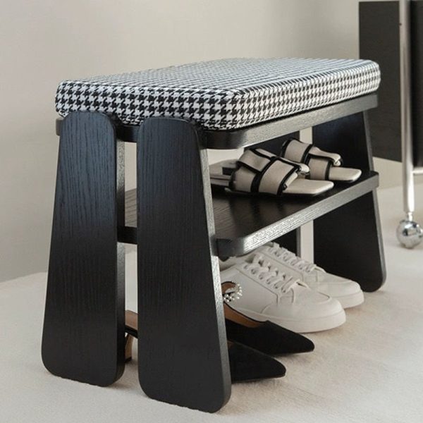 Modern Minimalist Rectangle Curved Fabric Solid Wood Shoe Bench Low Stool For Living Room - Image 7