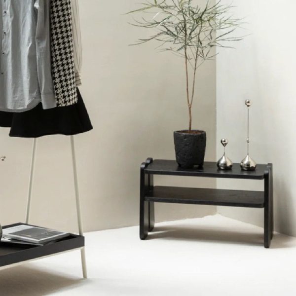 Modern Minimalist Rectangle Curved Fabric Solid Wood Shoe Bench Low Stool For Living Room - Image 6