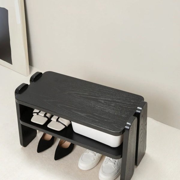 Modern Minimalist Rectangle Curved Fabric Solid Wood Shoe Bench Low Stool For Living Room - Image 9