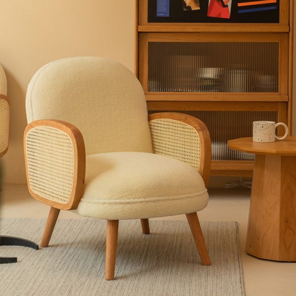 Traditional Japanese Half Round Curved Lambswool Rattan Accent Chair Backrest Armrest For Living Room - Image 5