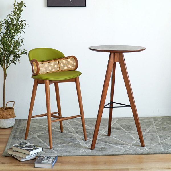 Contemporary Scandinavian Curved Half Round Curved Leather Ash Wood Rattan Bar Stool Backrest For Dining Room - Image 2