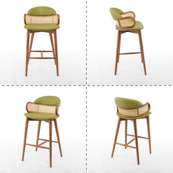 Contemporary Scandinavian Curved Half Round Curved Leather Ash Wood Rattan Bar Stool Backrest For Dining Room - Image 9