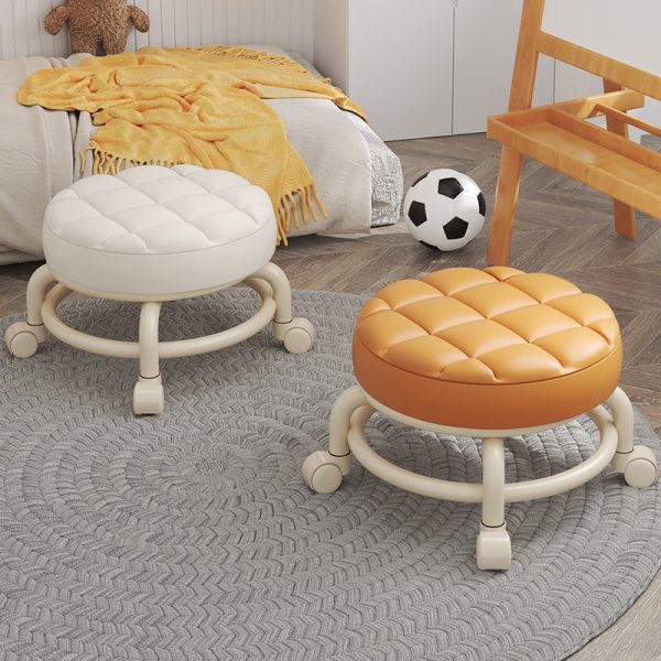 Modern Simplicity Leather Wood Metal Sponge Round Checkered Low Stool Backrest Movable For Living Room - Image 2