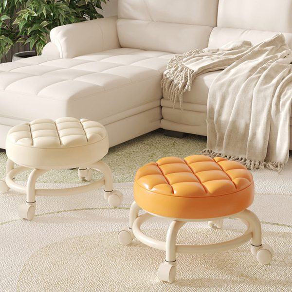 Modern Simplicity Leather Wood Metal Sponge Round Checkered Low Stool Backrest Movable For Living Room - Image 14