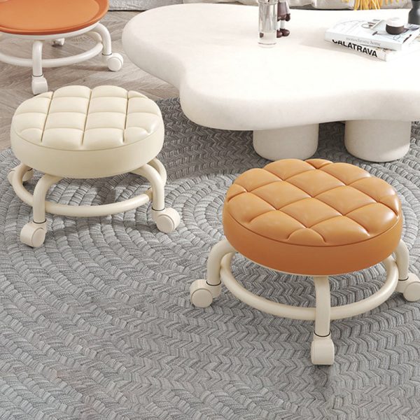 Modern Simplicity Leather Wood Metal Sponge Round Checkered Low Stool Backrest Movable For Living Room - Image 13
