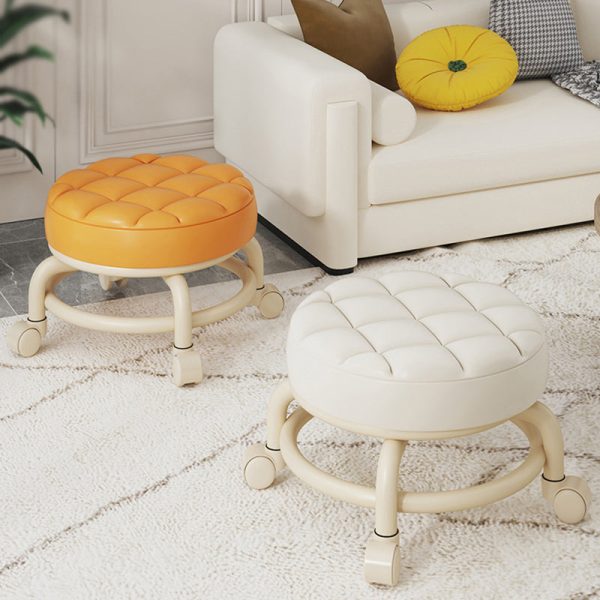 Modern Simplicity Leather Wood Metal Sponge Round Checkered Low Stool Backrest Movable For Living Room - Image 18