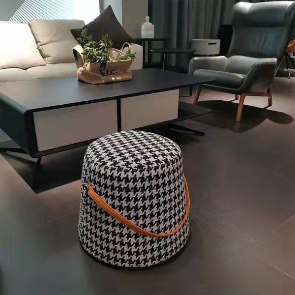 Contemporary Nordic Linen Fabric Wood Sponge Round Cylinder Footstool Portable For Entryways - Image 3