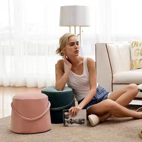 Contemporary Nordic Linen Fabric Wood Sponge Round Cylinder Footstool Portable For Entryways - Image 13