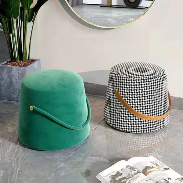 Contemporary Nordic Linen Fabric Wood Sponge Round Cylinder Footstool Portable For Entryways - Image 2