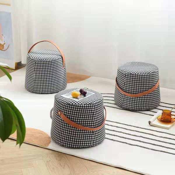 Contemporary Nordic Linen Fabric Wood Sponge Round Cylinder Footstool Portable For Entryways - Image 9