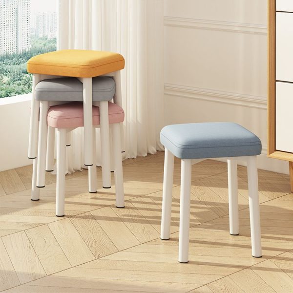 Contemporary Scandinavian Fabric Leather Iron Latex Square Stool Stackable For Living Room - Image 2