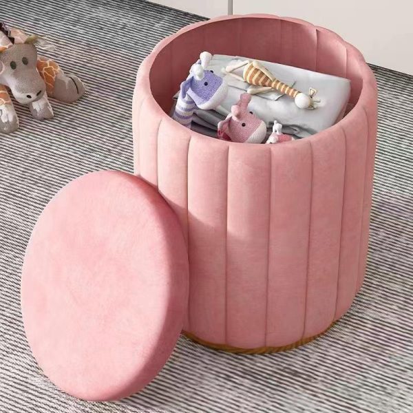 Contemporary Scandinavian Velvet Wood Stainless Steel Sponge Round Vanity Stool Containable For Bedroom - Image 8