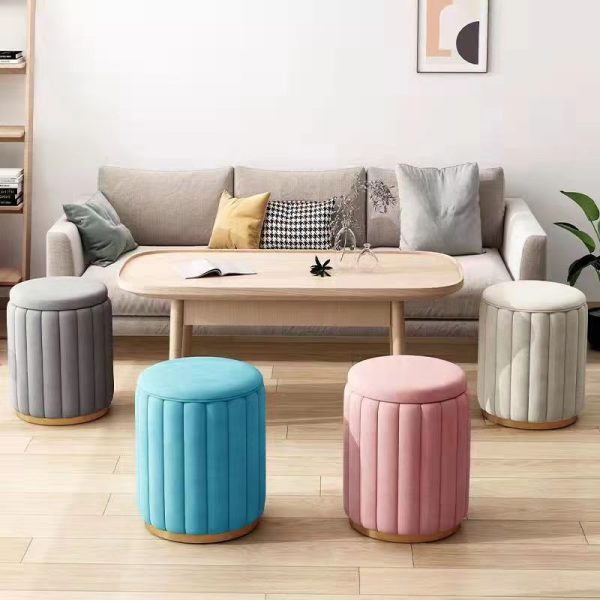 Contemporary Scandinavian Velvet Wood Stainless Steel Sponge Round Vanity Stool Containable For Bedroom - Image 2