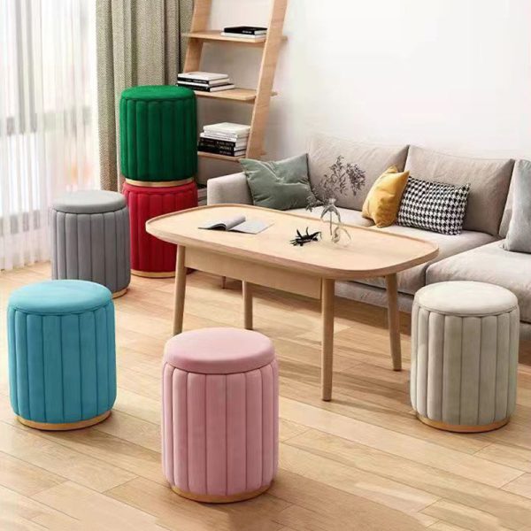 Contemporary Scandinavian Velvet Wood Stainless Steel Sponge Round Vanity Stool Containable For Bedroom - Image 5