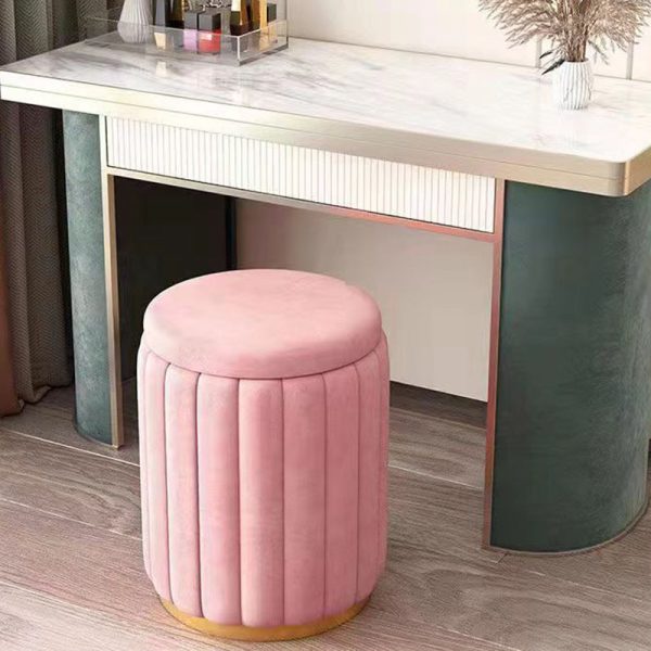 Contemporary Scandinavian Velvet Wood Stainless Steel Sponge Round Vanity Stool Containable For Bedroom - Image 3