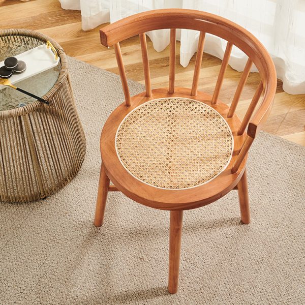Contemporary Nordic Weaving Rattan Rubber Wood Round Stripe Hollowed Dining Chair Backrest For Dining Room - Image 5