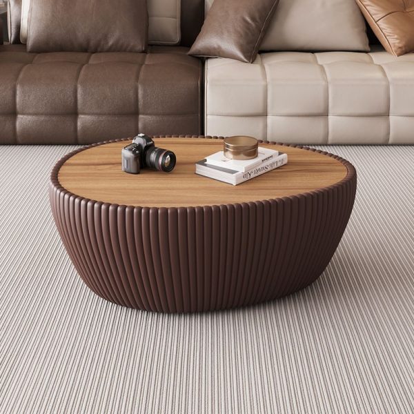 Contemporary Nordic Rock Slab PU Leather Wood Pebble-Shaped Coffee Table For Living Room - Image 15