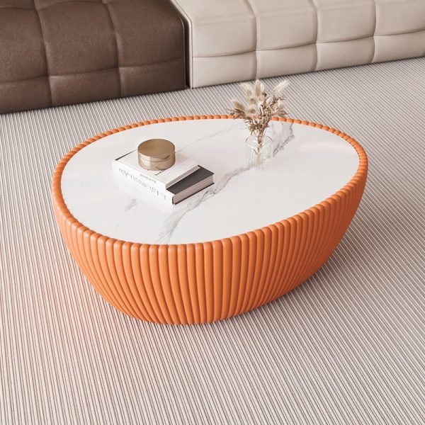 Contemporary Nordic Rock Slab PU Leather Wood Pebble-Shaped Coffee Table For Living Room - Image 16