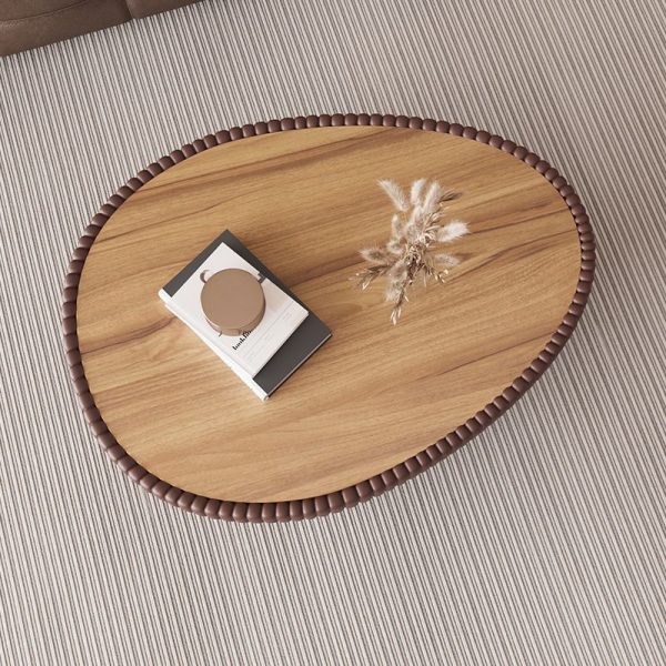 Contemporary Nordic Rock Slab PU Leather Wood Pebble-Shaped Coffee Table For Living Room - Image 8