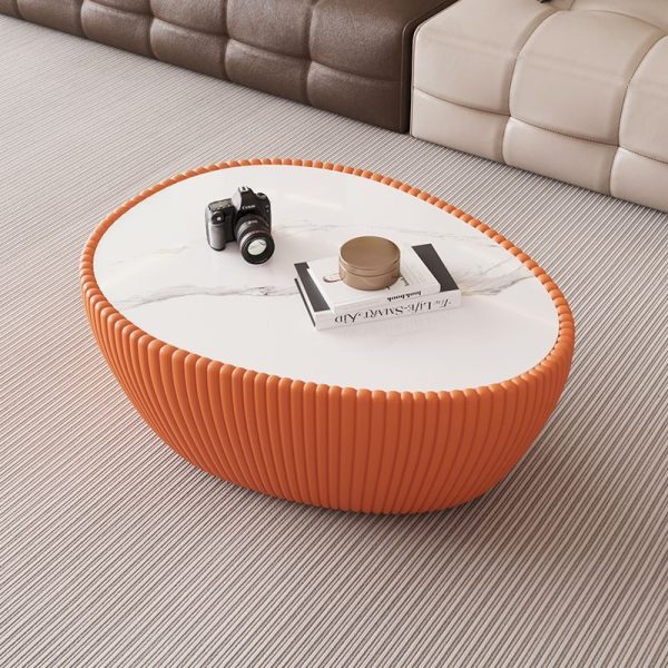 Contemporary Nordic Rock Slab PU Leather Wood Pebble-Shaped Coffee Table For Living Room - Image 13