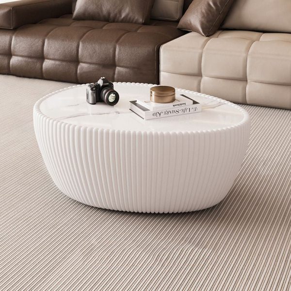 Contemporary Nordic Rock Slab PU Leather Wood Pebble-Shaped Coffee Table For Living Room