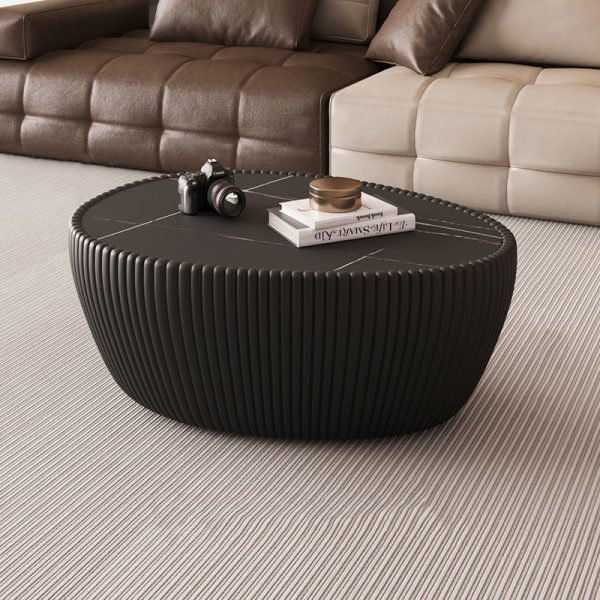 Contemporary Nordic Rock Slab PU Leather Wood Pebble-Shaped Coffee Table For Living Room - Image 9