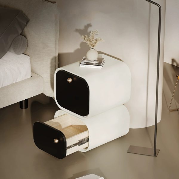Contemporary Nordic Eco Lacquered High-Density Board Rectangular 2-Drawer Nightstand With Rotating Design For Bedroom - Image 11