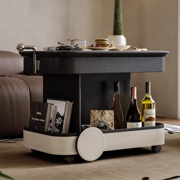 Contemporary Nordic Multi-Layer Wood & Saddle Leather Rectangular Side Table With Lift & Swivel Top For Living Room