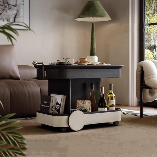 Contemporary Nordic Multi-Layer Wood & Saddle Leather Rectangular Side Table With Lift & Swivel Top For Living Room - Image 3