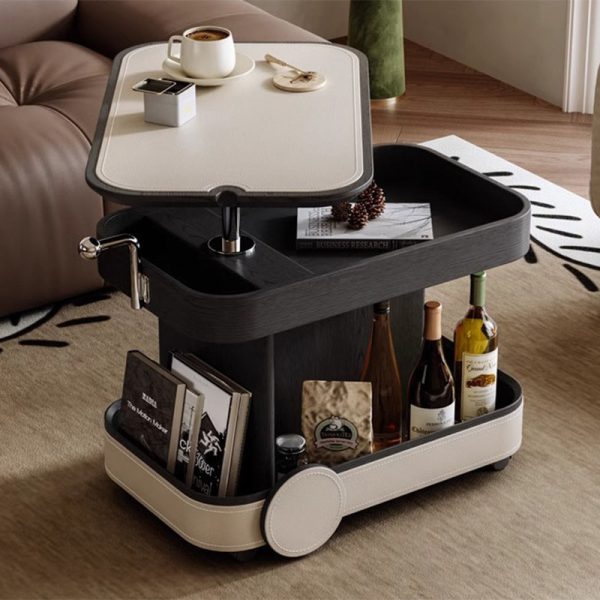 Contemporary Nordic Multi-Layer Wood & Saddle Leather Rectangular Side Table With Lift & Swivel Top For Living Room - Image 5