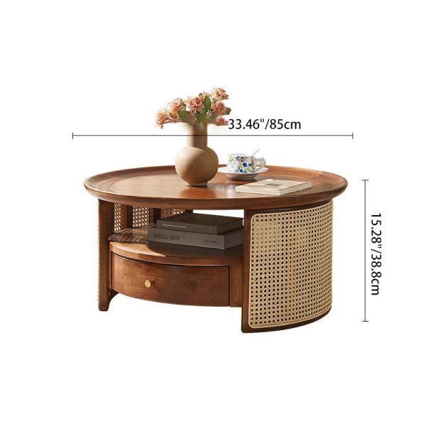 Traditional Vintage Solid Wood & Rattan Round Coffee Table 1- Drawer For Living Room - Image 5